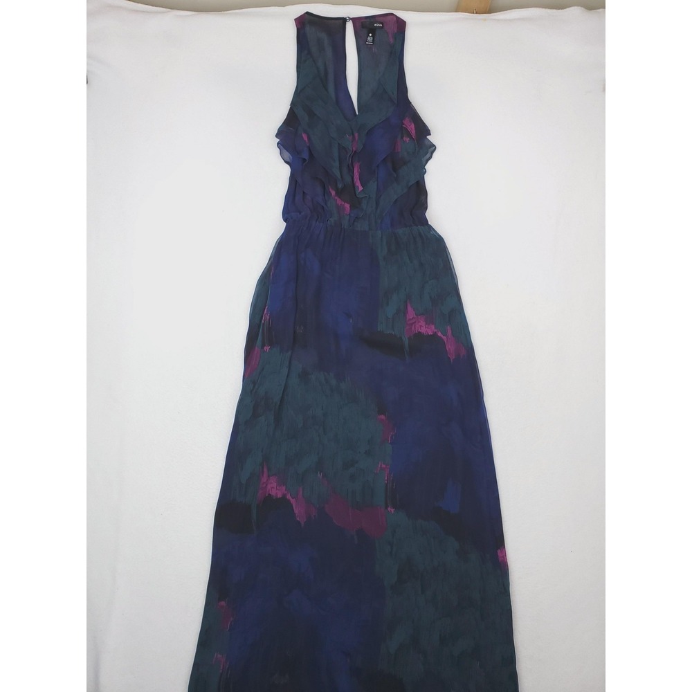 Aqua Dress Womens XS Blue Silk Chiffon Maxi Ruffle V Neck‎ Sleeveless Tie Dye